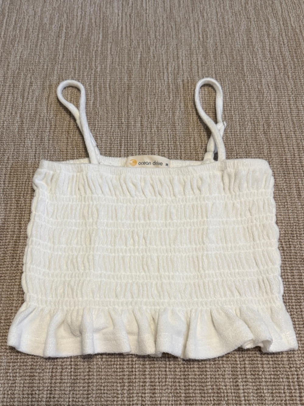 Ocean Drive White Smocked Ruffle Crop Tank